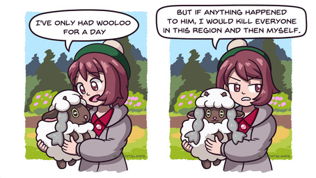 2_horns 2_panel_comic 5_fingers :3 ambiguous_gender big_eyes black_body black_fur blush blush_lines border brown_eyes carrying_another closed_smile clothed clothing day dialogue duo eyebrow_through_hair eyebrows eyelashes female feral fingers fur green_clothing green_hat green_headwear grey_body grey_clothing grey_fur grey_sweater grey_topwear hair happy hat headgear headwear horizontal_pupils horn looking_at_viewer mouth_closed multicolored_body multicolored_fur narrowed_eyes open_mouth open_smile outside pink_nose pink_tongue plant pupils smile sweater tan_body tan_skin text tongue toony topwear translucent translucent_hair tree white_body white_border white_fur white_pupils wool_(fur) yellow_sclera jussi_simpanen i've_only_had_arlo_for_a_day_and_a_half nintendo pokemon gloria_(pokemon) bovid caprine generation_8_pokemon human mammal pokemon_(species) wooloo artist_name cel_shading comic digital_media_(artwork) english_text meme shaded watermark male_(lore)
