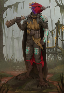 anthro beak blue_body blue_feathers brown_beak clothed clothing feathers front_view glistening glistening_eyes gun holding_gun holding_object holding_ranged_weapon holding_weapon male mouth_closed orange_eyes outside plant ranged_weapon solo standing swamp text tree weapon white_body white_feathers santanahoffman montezuma_(darkdragonind1998) avian 2024 artist_name dated hi_res