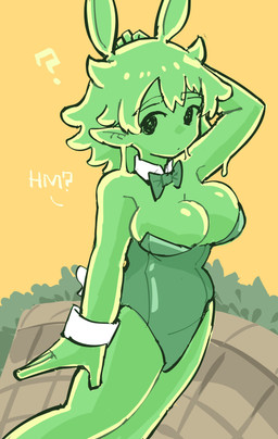 4_ears big_breasts bow_tie breast_squish breasts bunny_costume clothing collar costume cuffs_(clothing) dripping female green_body looking_at_viewer multi_ear pointy_ears question_mark raised_arm shoulder_length_hair slime solo squish lunatheri ranna_(lunatheri) goo_creature humanoid absurd_res hi_res