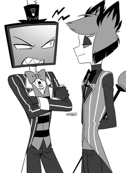 clothed clothing duo electronics for_a_head hat headgear headwear male screen screen_face simple_background television white_background enaic31 hazbin_hotel hellaverse alastor_(hazbin_hotel) vox_(hazbin_hotel) animal_humanoid deer deer_humanoid demon demon_humanoid humanoid mammal mammal_humanoid object_head screen_head tv_head absurd_res hi_res monochrome