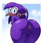 anthro anus areola beak bent_over biped blue_eyes blush blush_lines bodily_fluids breasts butt electronics female genitals headphones headphones_around_neck looking_at_viewer looking_back looking_back_at_viewer nipples nude presenting presenting_hindquarters purple_body pussy raised_tail rear_view simple_background small_breasts solo sweat tail hyoumaru sega sonic_the_hedgehog_(series) avian bird toucan 2025 hi_res