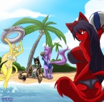 anthro beach bikini black_hair blonde_hair blue_eyes butt clothed clothing detailed_background female group hair happy horn looking_at_viewer outside palm_tree plant red_eyes sand sea seaside shrub skimpy sky stripes swimwear tail tree two-piece_swimsuit water okku mythology angelina_onyx helen_macgraham natasha_onyx regina_kukklitaat_santkitankni deity domestic_cat equid equine felid feline felis mammal mythological_creature mythological_equine pantherine tiger unicorn