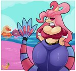 absurd_res anthro avian beach belly big_breasts bird blaziken breasts cleavage clothed clothing curvy_figure detailed_background digital_media_(artwork) duo female fingers generation_3_pokemon generation_4_pokemon hair hi_res huge_breasts huge_thighs kiss_the_carrot malpo_(kiss_the_carrot) milotic mismagius navel nintendo open_mouth outside pink_hair pokemon pokemon_(species) red_body sand sashi_(kiss_the_carrot) seaside shaded sky smile solo swimwear tail tery_(kiss_the_carrot) thick_thighs voluptuous water wide_hips