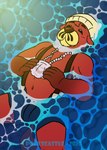 5_fingers :3 anthro beanie bivalve_shell bottomwear brown_nose bulge clothed clothing facial_hair fingers floating fur hat headgear headwear holding_object jewelry male mollusk_shell navel necklace outside partially_submerged red_body red_fur shell shirtless shorts solo suspenders water waterscape polkscastle animal_crossing nintendo pascal_(animal_crossing) mammal mustelid otter hi_res