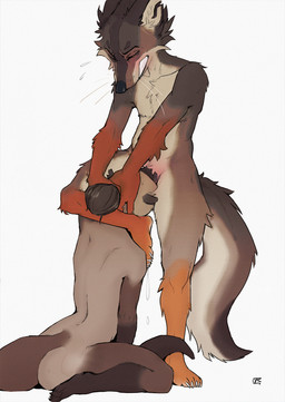 4_toes ambiguous_anthro ambiguous_gender ambiguous_penetrated anthro arm_tuft bent_leg biped black_body black_claws black_ears black_eyebrows black_fur black_markings black_nose black_tail black_tail_tip blush bodily_fluids body_blush brown_body brown_countershading brown_fur brown_tail brown_tuft cheek_tuft chest_tuft claws clenched_teeth collarbone countershade_face countershade_fur countershade_legs countershade_neck countershade_tail countershade_torso countershading crotch_blush dark_hair deep_throat dipstick_tail dripping duo eyebrows eyes_closed face_in_crotch faceless_ambiguous faceless_anthro faceless_character facial_tuft feet fingers flying_sweatdrops fur fur_markings fur_tuft gloves_(marking) grey_body grey_ears grey_fur grey_hair hair hair_bun hair_grab hand_on_another's_head hand_on_head humanoid_hands humanoid_heel interspecies knee_tuft leg_markings leg_tuft long_tail looking_pleasured male male/ambiguous male_anthro male_penetrating male_penetrating_ambiguous markings monotone_background monotone_hair multicolored_body multicolored_fur multicolored_tail on_one_leg oral oral_penetration orange_body orange_fur orange_markings orange_tuft penetration penile penile_penetration penis_in_mouth pink_blush plantigrade sex simple_background sitting snout socks_(marking) standing straight_arms straight_leg sweat sweatdrop tail tail_markings tan_body tan_countershading tan_fur tan_inner_ear tan_tuft teeth thigh_tuft toe_claws toes touching_hair tuft whiskers white_background white_body white_claws white_countershading white_fur white_tail samur_shalem moses_(samur_shalem) otterly_(character) canid canine canis coyote mammal mustelid otter 2026 absurd_res digital_drawing_(artwork) digital_media_(artwork) hi_res signature nonbinary_(lore) trans_(lore) trans_woman_(lore)