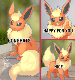 :3 >_< ambiguous_gender black_sclera comic_panel eyes_closed feral fluffy fluffy_tail fur gesture grass group hand_gesture neck_tuft open_mouth orange_body plant sitting tail teeth_showing text thumbs_up trio tuft yellow_body yellow_fur pom_pom(artist) nintendo pokemon eeveelution flareon generation_1_pokemon pokemon_(species) 2026 absurd_res dated english_text hi_res meme signature