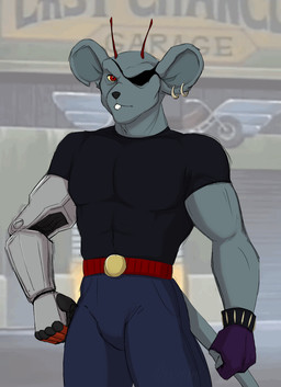antennae_(anatomy) anthro belt black_clothing black_nose black_shirt black_topwear bottomwear buckteeth clothing ear_piercing ear_ring eye_patch eyewear gloves grey_body handwear looking_at_viewer male notched_ear pants piercing prosthetic prosthetic_arm prosthetic_limb red_eyes ring_piercing screencap screencap_background shirt solo teeth topwear mouscedess biker_mice_from_mars modo_(bmfm) alien house_mouse mammal mouse murid murine rodent 2019