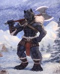 2024 4_toes 5_fingers abs ankle_wraps anthro armor artist_logo artist_name axe battle_axe belt big_muscles black_body black_fur black_nose bladed_weapon blue_eyes bottomwear canid canine canis cheek_tuft claws clothing cloud digitigrade facial_tuft feet finger_claws fingers fluffy fluffy_tail forest fur gauntlets gloves grass grey_claws hand_on_hip handwear head_tuft holding_axe holding_object logo loincloth looking_at_viewer male mammal mountain muscular muscular_anthro muscular_male outside paws pecs plant shoulder_guards sky snaggle_teeth snow snowing solo standing tail toe_claws toes tree tribal tuft warrior weapon weapon_on_shoulder winter wolf zephyxus