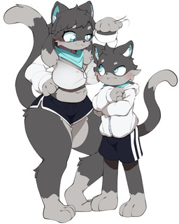 4_fingers :3 anthro athletic_wear barefoot belly big_breasts biped black_body black_bottomwear black_clothing black_ears black_fur black_hair black_nose black_shorts black_tail blue_eyes blue_inner_ear blue_kerchief blue_neckerchief blue_pupils blush blush_lines bottomwear breasts cheek_tuft circle_eyebrows clothed clothed_anthro clothed_female clothed_male clothing countershade_face countershade_fur countershade_legs countershade_torso countershading dipstick_tail duo eye_contact eyebrows facial_tuft feet female female_anthro fingers fully_clothed fur grey_body grey_countershading grey_fur grey_hair grey_tail grey_tail_tip gym_bottomwear gym_shorts hair height_teasing height_theme hoodie inner_ear_fluff kemono kerchief larger_anthro larger_female leg_markings looking_at_another male male_anthro markings midriff multicolored_body multicolored_fur multicolored_tail neckerchief neckwear pigtails pupils shorts sibling_rivalry size_difference slightly_chubby slightly_chubby_anthro slightly_chubby_female smaller_anthro smaller_male smile socks_(marking) standing tail tail_markings thick_thighs topwear tuft two_tone_body two_tone_fur two_tone_tail white_clothing white_hoodie white_inner_ear_fluff white_topwear wide_hips abyss_creature_(artist) big_sister_cat domestic_cat felid feline felis mammal 2025 4:5 absurd_res colored digital_media_(artwork) full-length_portrait hi_res portrait shaded simple_shading brother_(lore) brother_and_sister_(lore) sibling_(lore) sister_(lore)