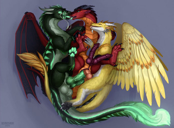 2_penises anal anal_penetration animal_genitalia animal_penis balls barbel_(anatomy) claw_fingers claws double_penetration equine_genitalia equine_penis feathered_wings feathers feral flesh_whiskers french_kissing fur genital_slit genitals green_body green_fur group group_sex herm horn intersex intersex/male intersex_penetrated kissing licking male male_penetrating male_penetrating_intersex male_penetrating_maleherm maleherm maleherm/male maleherm_penetrated mane multi_genitalia multi_penis multiple_penetration muscular muscular_intersex muscular_male muscular_maleherm paired_penetration pawpads penetration penis red_body red_scales scales sex sheath snout tail threesome toe_claws tongue trio vaginal vaginal_penetration ventral_scales wings yellow_body yellow_feathers deanosaior european_mythology mythology cloudspotter_(character) jayv_(yellowbananafeathers) sycamore_(wanishi) dragon eastern_dragon feathered_dragon feathered_scalie furred_dragon furred_scalie mythological_creature mythological_scalie scaled_dragon scalie western_dragon hi_res herm_(lore)