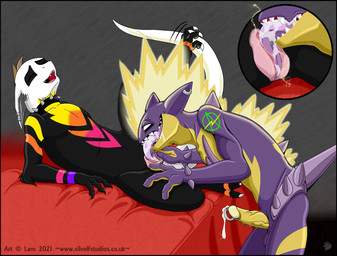 anarchy_symbol anthro bed bed_sheet bedding black_body black_border bodily_fluids body_spikes border brown_hair claws collar countershade_face countershade_genitalia countershade_neck countershade_torso countershade_vulva countershading cunnilingus duo ear_piercing ear_ring electricity electrogenesis electrostimulation eyebrow_piercing facial_piercing female frenum_ladder frenum_piercing furniture genital_fluids genital_piercing genitals glans_piercing hair ladder_piercing looking_pleasured male markings multicolored_body oral penis penis_piercing piercing pink_tongue precum purple_body ring_piercing scales sex sharp_teeth smile spiked_collar spikes tail teeth text toe_claws tongue vaginal vein veiny_penis ventral_scales vulva yellow_body yellow_penis silvolf nintendo pokemon amped_toxtricity generation_8_pokemon pokemon_(species) reptile scalie toxtricity 2021 absurd_res dated digital_media_(artwork) hi_res url