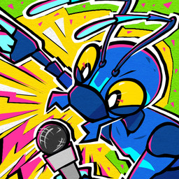 abstract_background ambiguous_gender antennae_(anatomy) anthro black_eyes blue_body electronics facial_markings gesture hand_gesture head_markings holding_microphone holding_object mandibles markings microphone multicolored_antennae pointing pointing_up pupils solo white_pupils yellow_sclera eekanant eek_(eekanant) ant arthropod hymenopteran insect 1:1 2024 album_cover cover english_description hi_res