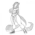 athletic athletic_wear big_breasts bottomwear breasts clothing fangs female footwear hoodie jogging_pants looking_at_viewer midriff shoes simple_background sneakers solo teeth topwear white_background akweer reptile scalie snake 1:1 2021 hi_res monochrome