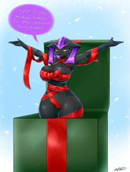armor big_breasts black_body breasts camel_toe dialogue female genital_outline holidays looking_at_viewer markings present_box purple_markings raised_arms solo speech_bubble thick_thighs vulva_outline wide_hips wraps yellow_eyes averyshadydolphin christmas quan_(averyshadydolphin) humanoid 2015 hi_res signature unavailable_at_source