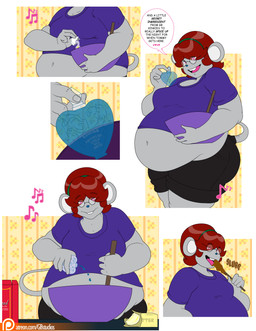 anthro belly big_belly big_breasts black_bottomwear black_clothing black_shorts bottomwear bowl breasts clothed clothed_anthro clothed_female clothing container cookie_dough dialogue exposed_belly eyewear female fully_clothed fully_clothed_anthro fully_clothed_female fur glasses grey_body grey_fur greybluestudios hair male overweight overweight_anthro overweight_female overweight_male pink_eyes potion purple_clothing purple_shirt purple_topwear red_hair shirt shorts solo speech_bubble text topwear wearing_glasses wooden_spoon dablueguy graybluestudios lazei penny_provolone mammal mouse murid murine rodent 2019 absurd_res comic english_text hi_res