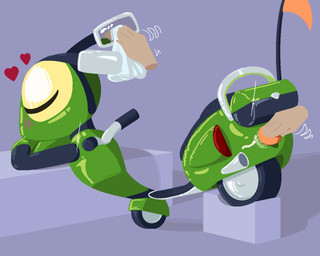 5_fingers ambiguous_gender blush cleaning cleaning_rag crossed_arms disembodied_hand exhaust_pipe eyes_closed fingers flag glistening glistening_body green_body headlight_eyes heart_symbol hearts_around_head machine metallic_body mirror moped motion_lines simple_background solo_focus sponge tire vehicle conditional_dnp tangerine_(artist) emmie_(giik) arthropod insect living_machine living_vehicle mantis 2025 5:4 aliasing binary_drawing digital_drawing_(artwork) digital_media_(artwork) nonbinary_(lore)