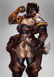 andromorph andromorph_anthro anthro bag belt biceps biped black_clothing black_gloves black_handwear black_inner_ear black_legwear black_nose black_thigh_highs bottomwear brown_body brown_clothing brown_footwear brown_fur brown_hair brown_spots clothed clothing countershade_fur countershade_legs countershade_torso countershading crotchless_bottomwear crotchless_clothing crotchless_pants cybernetic_arm cybernetic_limb eyelashes facial_markings female flexing footwear front_view fur genitals gloves green_eyes grey_background grin hair handwear hat head_markings headgear headwear humanoid_genitalia humanoid_vulva intersex intersex_anthro jacket legwear looking_at_viewer markings mechanic monotone_hair multicolored_body multicolored_fur muscular muscular_andromorph muscular_anthro muscular_intersex muzzle_(marking) narrowed_eyes nipples open_clothing open_jacket open_topwear pants partially_clothed pink_nipples pose pupils short_hair simple_background skimpy smile solo spots spotted_body spotted_fur standing tail tan_body tan_countershading tan_ears tan_fur tan_tail thick_thighs thigh_highs topwear vulva white_clothing white_jacket white_topwear zerolativity hyena mammal spotted_hyena 2024 absurd_res colored digital_media_(artwork) digital_painting_(artwork) hi_res painting_(artwork) portrait shaded three-quarter_portrait