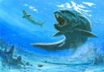 day detailed_background duo feral fin open_mouth outside seabed underwater water tuomas_koivurinne dunkleosteus fish marine placoderm prehistoric_species blue_theme cool_colors hi_res traditional_media_(artwork)