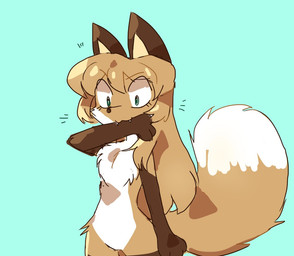 anthro bite brown_body brown_fur dipstick_tail featureless_crotch female female_anthro fur gloves_(marking) green_eyes hair markings self_bite solo tail tail_markings teeth white_body white_fur conditional_dnp fiddleafox averi_(fiddleafox) canid canine fox mammal red_fox true_fox