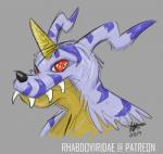 blue_body blue_fur fur horn red_eyes solo stripes teeth conditional_dnp wolftacos bandai_namco digimon digimon_(species) gabumon hi_res