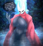 5_fingers anthro big_breasts black_body breasts cloak cloak_only clothing eyebrows female fingers horn outside red_clothing solo text thick_thighs water waterfall nightlyflare hollow_knight team_cherry hornet_(hollow_knight) arthropod 2023 english_text hi_res