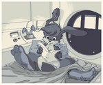 2019 3_toes anthro bed bed_sheet bedding bedroom big_feet border buckteeth carrot cotton_tail door epic_games feet food furniture futuristic futuristic_setting greyscale hi_res hindpaw jazz_jackrabbit jazz_jackrabbit_(series) lagomorph lamp leporid lever long_ears looking_down male mammal monochrome on_bed paws pillow plant rabbit reading reading_paper sitting sitting_on_bed smile soles solo spread_legs spreading stormdragonblue teeth toes vegetable white_border wrinkled_feet wrinkles