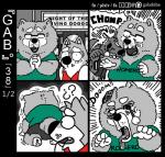 5_fingers anthro base_two_layout black_border border bottomwear brain canid canine canis chow_chow clothed clothing comic cute_fangs dangling_eyeball domestic_dog english_text eyeball eyebrows eyewear feral fingers four_frame_grid four_frame_image front_view fully_clothed fur furgonomics gab_(comic) gab_shiba gabshiba glasses gore green_clothing green_topwear grid_layout group interlocked_fingers jacket male mammal movie_theater open_mouth open_smile organs partially_colored question_mark red_clothing red_topwear regular_grid_layout scared shaking shiba_inu shirt shivering shorts smile sound_effects spitz standing t-shirt teeth text tongue tongue_out topwear two_row_layout undead wang_chow zombie