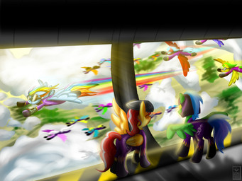 alternate_universe clothing detailed_background feathered_wings feathers female feral group hair male multicolored_hair rainbow_hair wings elmutanto fallout fallout_equestria friendship_is_magic hasbro microsoft my_little_pony mythology rainbow_dash_(mlp) shadowbolts_(mlp) equid equine horse mammal mythological_creature mythological_equine pegasus pony 2016 4:3 hi_res