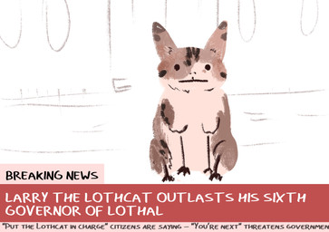 ambiguous_gender awkward_expression brown_body brown_fur dot_eyes feral fur looking_at_viewer mouth_closed multicolored_body multicolored_fur news_ticker outside pointy_ears politics simple_eyes sitting sitting_on_ground solo stripes tan_body tan_fur text united_kingdom potes_(stealingpotatoes) star_wars star_wars_rebels larry_chief_mouser_to_the_cabinet_office alien domestic_cat felid feline felis loth-cat mammal english_description english_text hi_res male_(lore)