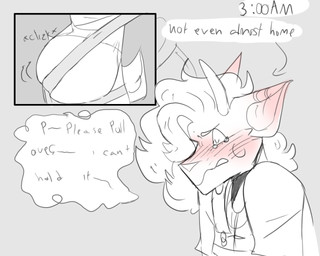 ambiguous_gender anthro bladder_bulge bladder_press blush blush_lines clothing costume cross cross_necklace dialogue jewelry necklace omorashi overalls seat_belt solo speech_bubble text time paddle-boat angel_(paddle-boat) deer mammal 5:4 digital_drawing_(artwork) digital_media_(artwork) english_description english_text restricted_palette male_(lore)