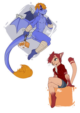 anthro backsack balls bandage bandaged_arm bandaged_leg blonde_hair blue_balls blue_body blue_wings bottomwear butt clothed clothing ear_piercing facial_piercing fangs feathered_wings feathers female floppy_ears fur gauged_ear genitals grey_bottomwear grey_clothing grey_pants hair horn inner_ear_fluff lip_piercing lip_ring male membrane_(anatomy) membranous_wings mostly_nude narrowed_eyes open_mouth pants piercing purple_horn red_body red_clothing red_fur red_hair red_tail red_tongue red_topwear ring_piercing simple_background small_horn tail tail_tuft tan_body tan_fur tan_inner_ear_fluff teeth tongue topwear tuft white_body white_clothing white_feathers white_topwear wings riorix domestic_cat felid feline felis mammal species_request 2017 absurd_res dated hi_res signature sketch_page
