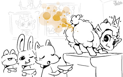 2_horns ambiguous_gender anthro ass_up backsack balls blush blush_lines bodily_fluids bowl butt chandelier container eyes_closed fart fart_cloud fart_fetish feces genitals group horn looking_at_another looking_back looking_back_at_another male motion_lines one_eye_closed open_mouth open_smile orange_fart_cloud podium scut_tail short_tail simple_background smile smirking_at_another sweat sweatdrop tail text tongue tongue_out white_background jubb cult_of_the_lamb massive_monster_(studio) lamb_(cult_of_the_lamb) red_crown_(cult_of_the_lamb) amphibian animate_inanimate bovid canid canine caprine fox frog lagomorph leporid mammal rabbit sheep 2022 artist_name
