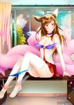 blush bottomwear breasts brown_hair choker clothed clothing female hair inside jewelry legwear necklace nipples sitting skirt smile solo stockings window koiicho league_of_legends riot_games tencent ahri_(lol) animal_humanoid canid canid_humanoid canine canine_humanoid fox_humanoid humanoid mammal mammal_humanoid 2020 absurd_res hi_res