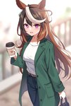 bottomwear breasts brown_hair clothed clothing coat container cup female hair holding_container holding_cup holding_object looking_at_viewer multicolored_hair pants purple_eyes purse shirt solo topwear mauve_(artist) cygames uma_musume_pretty_derby symboli_rudolf_(pretty_derby) animal_humanoid equid equid_humanoid equine equine_humanoid horse_humanoid humanoid mammal mammal_humanoid 2023