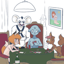 anthro female feral group male money poker prostokvashino tama-tama canid canine domestic_cat felid feline felis fox hybrid mammal mouse murid murine rodent game_(disambiguation) 1:1