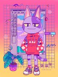 abstract_background anthro clothing floral_print footwear front_view fur hand_in_pocket looking_at_viewer male pattern_clothing pink_clothing pink_footwear pink_socks plant plant_pot pockets potted_plant purple_body purple_fur shoes smile sneakers socks solo symbol text vaporwave window_(computing) puraco animal_crossing microsoft microsoft_paint_(copyright) microsoft_windows nintendo bob_(animal_crossing) domestic_cat felid feline felis mammal digital_media_(artwork) english_text hi_res