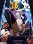 animal_genitalia animal_penis anthro areola balls bodily_fluids breasts claws clothing cum dialogue equine_genitalia equine_penis eyebrows feet fingers genital_fluids genitals group gynomorph hair heterochromia intersex legwear nipples penis text toe_claws toes magnetus bandai_namco digimon digimon_(species) mammal renamon 2025 artist_name comic digital_media_(artwork) english_text first_page hi_res