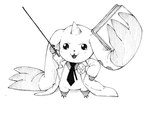 anthro bandai_namco beady_eyes blush book clothing coat digimon digimon_(species) hi_res horn lab_coat long_ears male metacosmic_jam monochrome necktie prehensile_ears smile solo terriermon terriermon_assistant topwear