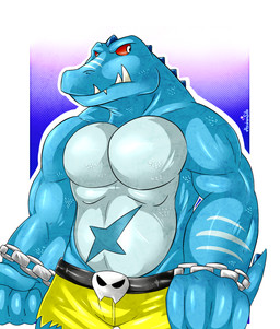 anthro belly belt biceps big_muscles biped blue_body blue_skin bottomwear chain clothed clothing fangs male markings musclegut muscular muscular_anthro muscular_male pecs pose red_eyes scales scar shorts slightly_chubby solo standing stripes tail teeth topless torn_clothing abrahamsillo donkey_kong_(series) nintendo kludge crocodilian kremling reptile scalie