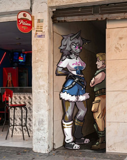 anthro blue_eyes bottomwear breasts clothed clothed_female clothed_human clothing collar dominant dominant_female duo ear_piercing eyebrows eyelashes eyewear female fully_clothed fully_clothed_female fully_clothed_human fur glasses grey_body grey_fur hair larger_female male markings piercing pink_eyewear pink_glasses shirt size_difference smaller_male topwear cafeine a_chance_encounter epic_games fortnite jonesy_(fortnite) wolfie_(fortnite) canid canine canis human mammal wolf hi_res meme