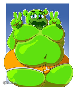 anthro beard belly big_belly big_butt blue_eyes bulge butt candy clothing dessert facial_hair food gesture glistening glistening_body glistening_nipples green_body green_nipples gummy_(food) hand_gesture looking_at_viewer male moobs navel nipples open_mouth overweight overweight_anthro overweight_male smile solo standing thick_thighs underwear v_sign ch4mm0zotz gummybear_and_friends gummibar bear food_creature gummy_creature living_candy mammal absurd_res hi_res