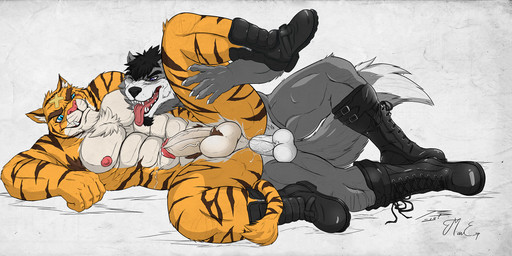 abs anal anal_penetration anthro anthro_on_anthro anthro_penetrated anthro_penetrating anthro_penetrating_anthro balls barazoku black_boots black_clothing black_footwear black_hair blue_eyes boots clothing duo erection fangs footwear front_view fur genitals glistening glistening_eyes grey_body grey_fur hair humanoid_genitalia humanoid_penis lying male male/male male_penetrated male_penetrating male_penetrating_male mostly_nude mouth_closed muscular muscular_anthro muscular_male nipples on_side pecs penetration penile penile_penetration penis penis_in_ass red_nipples red_tongue sex shoes short_hair simple_background spread_legs spreading striped_arms striped_legs teeth tongue vein veiny_penis whiskers white_balls white_body white_fur white_penis yellow_body yellow_fur crazydrak mauem rick_whitechest senko felid mammal 2018 dated hi_res signature