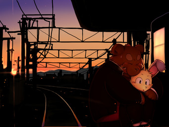 anthro blush bottomwear brown_body brown_fur clothing detailed_background duo eyes_closed fur hug hugging_another hugging_from_behind kemono male outside overweight overweight_male pants shirt topwear yaoyasohachi bear lagomorph leporid mammal rabbit 2015 4:3