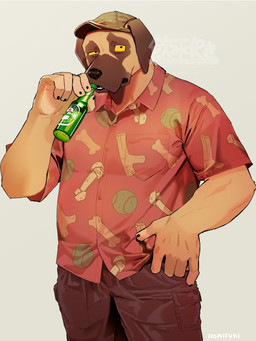 5_fingers anthro beer_bottle black_claws bottle bottomwear brown_body brown_bottomwear brown_clothing brown_pants claws clothing container fingers fur fur_markings grey_background hat headgear headwear male markings one_eye_half-closed pants shirt simple_background solo tan_body topwear yellow_sclera nomifuki canid canine canis domestic_dog mammal 2026 hi_res