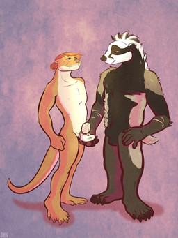 5_fingers 5_toes animal_genitalia anthro arm_scar ball_grab balls belly black_belly black_nose brown_body brown_fur brown_nose chastity_cage chastity_cage_only chastity_device chastity_device_only claws copyright_symbol crotch_grab dominant dominant_male duo feet fingers fluffy front_view fully_sheathed fur genitals green_eyes grope hair half-closed_eyes hand_on_hip hand_on_own_hip holding_balls lock looking_at_another looking_at_genitalia looking_at_partner looking_down loving_gaze male male/male membrane_(anatomy) narrowed_eyes neck_tuft nude orange_hair over_sheath_chastity_cage padlock plantigrade red_eyes scar shadow sheath sheath_chastity_cage side_view simple_background slim smile standing symbol tail tan_body tan_fur teasing text toe_claws toes tuft wearing_chastity_cage wearing_chastity_device webbed_feet white_belly kaputotter badger mammal mustelid musteline otter 2019 3:4 artist_name full-length_portrait hi_res portrait