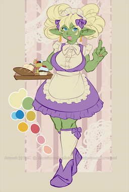 4_fingers abstract_background alternative_fashion apron biped blonde_hair blue_eyes bread classic_lolita claws clothed clothing cupcake dress ear_piercing eyebrows female fingers food footwear front_view fully_clothed green_body green_eyebrows green_skin hair holding_object j-fashion legwear lolita_(fashion) looking_at_viewer not_furry piercing purple_clothing purple_dress shoes socks solo standing white_clothing white_footwear white_legwear white_socks potionmastercernun goblin humanoid 2018 digital_media_(artwork) full-length_portrait hi_res portrait watermark