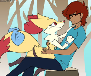 accessory anthro bow_ribbon duo female fur furgonomics male outside ribbons tail tail_accessory tail_bow tail_ribbon screamoshaymin nintendo pokemon braixen generation_6_pokemon human mammal pokemon_(species) absurd_res hi_res
