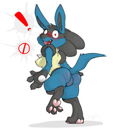 3_toes anthro anus biped blush breasts butt claws embarrassed exclamation_point feet female fur genitals hair hindpaw looking_at_viewer looking_back nude open_mouth pawpads paws red_eyes side_boob soles solo surprised tail teeth toes vulva backsash nintendo pokemon canid canine generation_4_pokemon lucario mammal pokemon_(species) 2016 digital_media_(artwork) hi_res