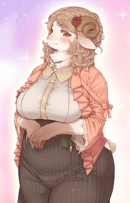 abstract_background anthro big_breasts biped bow_ribbon breasts brown_body brown_eyes brown_fur brown_hair clothed clothing female flower fur hair horn jewelry leg_markings looking_at_viewer markings neck_tuft necklace pink_background plant rose_(flower) simple_background socks_(marking) solo tuft white_body white_fur 7010 two_beasts_or_not_to_beast kanae_kunima bovid caprine mammal sheep official_art