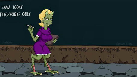 anthro breasts classroom clothing dress female hair horn looking_at_viewer school smile solo standing text vylfgor demon_teacher_(the_simpsons) demon scalie 16:9 2021 english_text widescreen